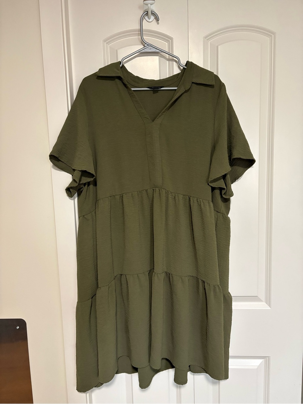 Tahari Olive Green Tiered V-Neck Midi Dress